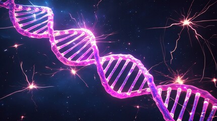 Futuristic glowing DNA helix and neural connection on digital background representing genetic engineering, biology, biotechnology, microbiology, neuroscience, and artificial intelligence concepts.