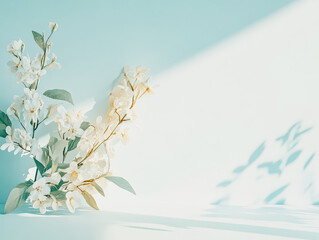 White flower arrangement sits on a table in front of a white wall