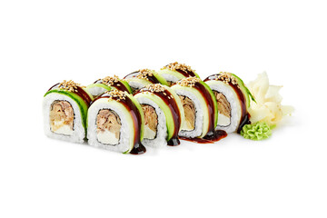 Green dragon sushi rolls with eel, avocado, cucumber, cream cheese, sesame and unagi sauce