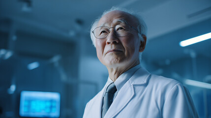 Confident senior scientist in a lab coat standing in a modern laboratory.