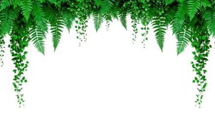 Lush green hanging ferns and vines create a natural archway isolated on transparent background
