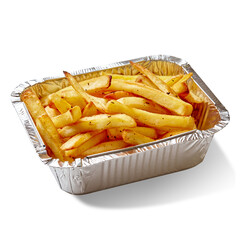 French fries with herbs in an aluminum tray on white background