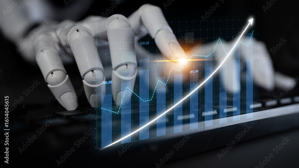 Poster a robotic hand types on a keyboard, while dynamic graphs and charts display data growth and analytic