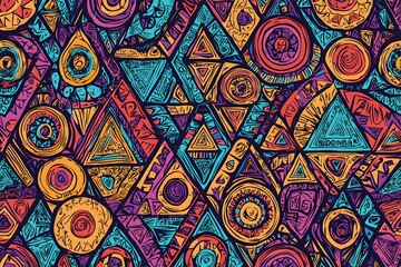 A vibrant pattern of circles and triangles in shades of purple orange and blue with black outlines