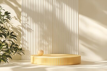 A round platform with a plant and a small ball in front of a striped wall with shadows casting on it
