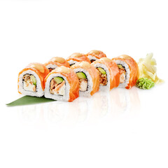 Philadelphia uramaki sushi rolls with salmon, avocado, cream cheese and wasabi on white background