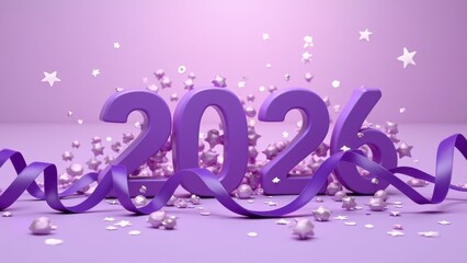 Purple Numbers 2026 on a Lilac Background with Confetti and Serpentine