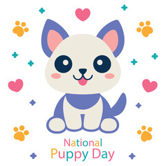 Adorable cartoon puppy with big blue eyes and purple accents surrounded by hearts and paw prints celebrating national puppy day with a cheerful expression and a wagging tail