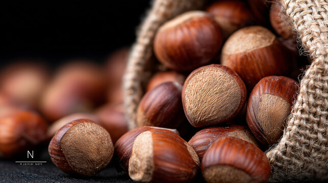 Close-up of fresh hazelnuts spilling from a burlap sack against a dark background.