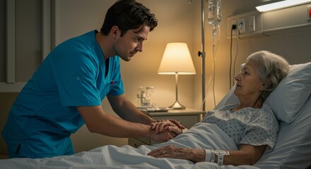 Heartwarming image showing a male nurse tenderly comforting an elderly female patient during her