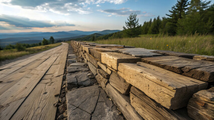 Scenic Photo of a Wooden Walkway and Stone Wall Leading Through a Mountainous Landscape with Green Trees and a Cloudy Blue Sky