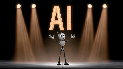 Artificial Intelligence: A whimsical robot stands confidently beneath the spotlight, embracing the concept of AI, illuminated by dazzling stage lights, perfectly captured for tech themes.