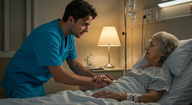 Heartwarming image showing a male nurse tenderly comforting an elderly female patient during her