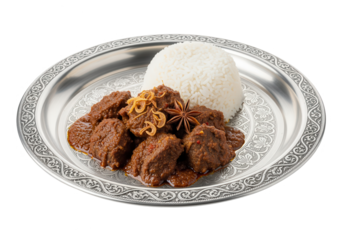 Authentic Beef Rendang with Rice on Silver Plate