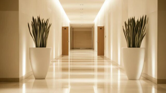 A long hallway with two planters on either sides, suitable for interior design or architecture images