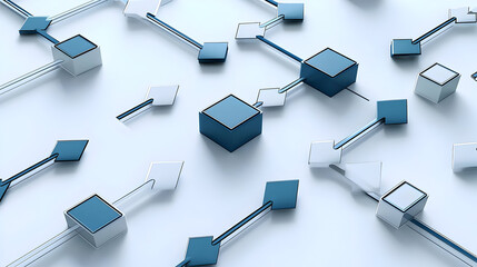 Abstract interconnected network of square blocks, light blue and off-white, connected by thin lines, creating a complex,  3D network pattern on a bright white background