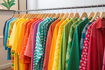 Fototapeta premium Brightly Colored Clothing Displayed on Hangers in a Stylish Boutique Setting