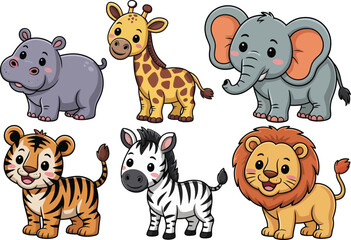 Collection of cute cartoon baby safari animals like a lion, tiger, and elephant