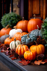 variety of pumpkins in orange, green, and white, arranged on the stoop of a doorway