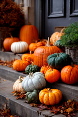 variety of pumpkins in orange, green, and white, arranged on the stoop of a doorway