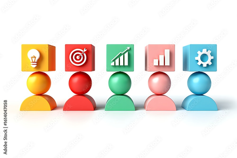 Poster five colorful pawns with icons representing business strategy innovation growth analysis and develop