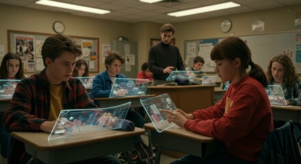 High school students engaging with augmented reality learning tools in classroom setting