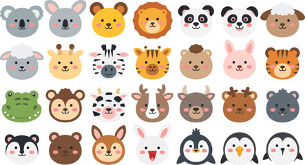 Big set of cute cartoon animal faces. Adorable vector character collection for kids.