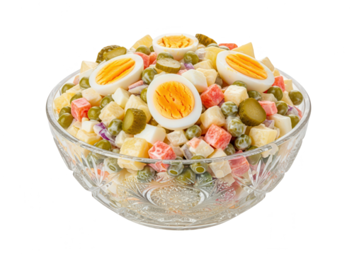 Olivier Salad: Traditional Russian Salad in Crystal Bowl on White