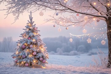 Winter Landscape With Decorated Christmas Tree Under Snowy Branches