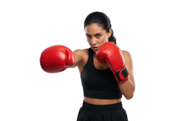 Determined Female Boxer Punching with Red Gloves, Isolated on White