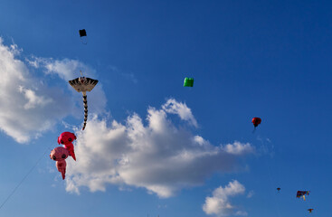 Cholula,Mexico,February-16-2025: Cholula,Mexico,February-16-2025: Colorful kites over the sky of Cholula