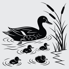 Silhouette of Duck with Ducklings Swimming Near Reeds