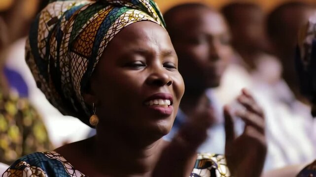 A joyful African woman in a colorful traditional headwrap singing and clapping happily at a cultural celebration