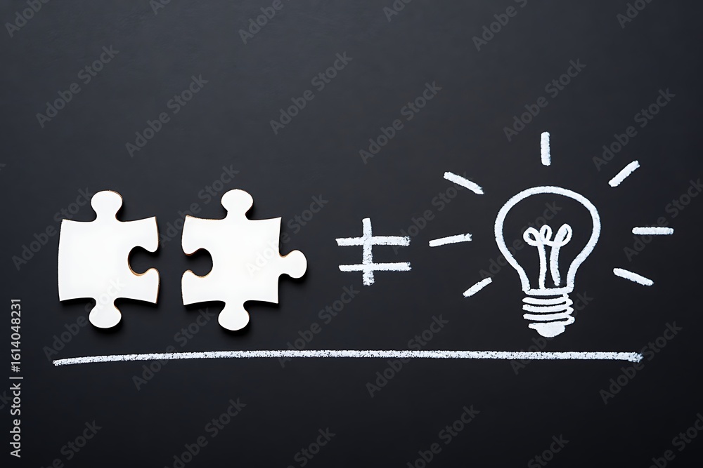 Poster two puzzle pieces connecting to form an equals sign leading to a bright light bulb symbolizing a cre