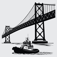 Silhouette of Tugboat Under Suspension Bridge on Wate