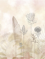 illustrator hand draw line art with leaf and flower