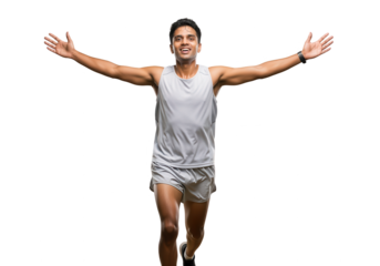 Winning Runner with Arms Raised in Victory on White Backdrop