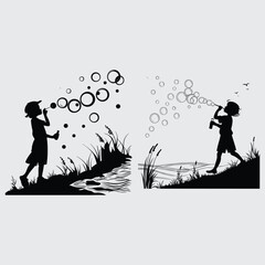 Silhouette of Children Blowing Soap Bubbles Outdoors Near Water – Playful Vector Illustration