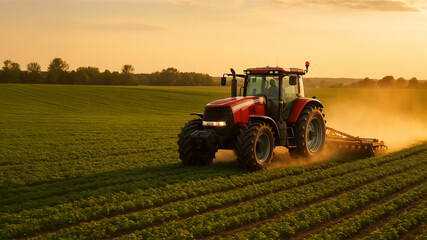 Obraz premium Red agricultural tractor working in a sunset vast green field, across the landscape with dust trailing behind.