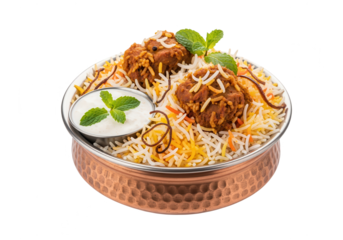 Chicken Biryani with Yogurt Dip, Indian Cuisine on White