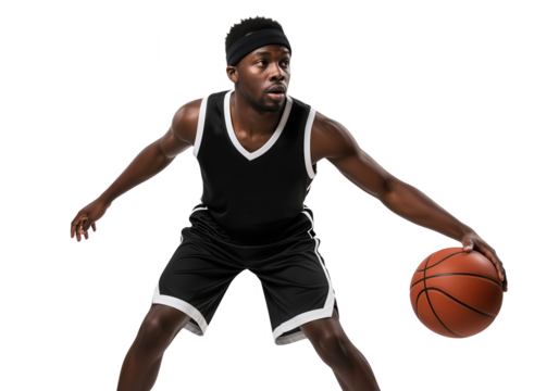 Basketball Player Dribbling Ball on White Background