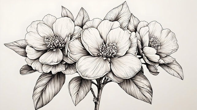 Delicate monochrome floral illustration.  Detailed line drawing of three blossoms and leaves, graceful stems.  Soft shading and intricate detail