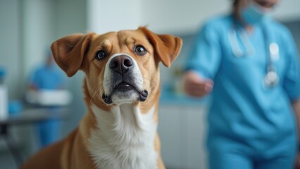 dog with alert expression sits in veterinary clinic. Blurred medical professional in blue uniform in background