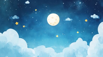 A serene night sky illustration featuring a bright full moon, clouds, and stars.