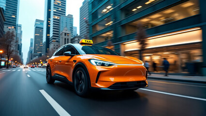 Sleek, modern electric luxury taxi in orange color with taxi distinctive signs driving through a contemporary evening city street in a dusk