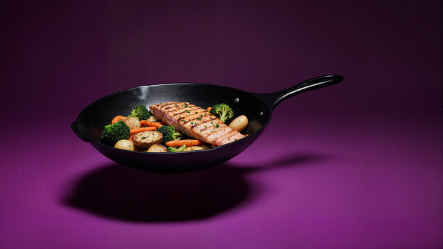 Levitation Feast: Grilled Fish and Vegetables in Cast Iron Pan