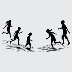 Kids running through shallow water image silhouette design vector art and illustration