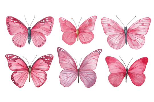 Pink watercolor butterflies isolated on a transparent background in PNG format.