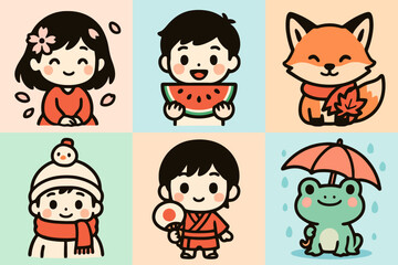 Cute pastel cartoon characters from Japanese culture representing spring, summer, autumn, and winter. Ideal for kawaii seasonal illustrations and prints.