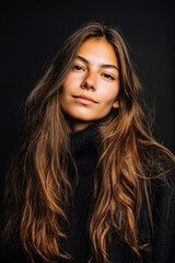 Naklejka premium Woman with natural look and minimal makeup poses confidently against dark background